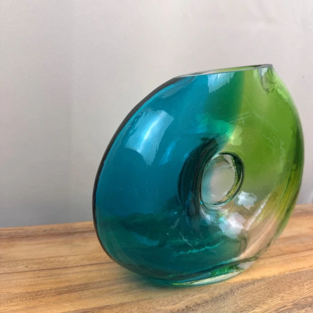Art Glass Vase Teal Green Two Tone Organic Shape Hand Blown Modern Decor 8.75in